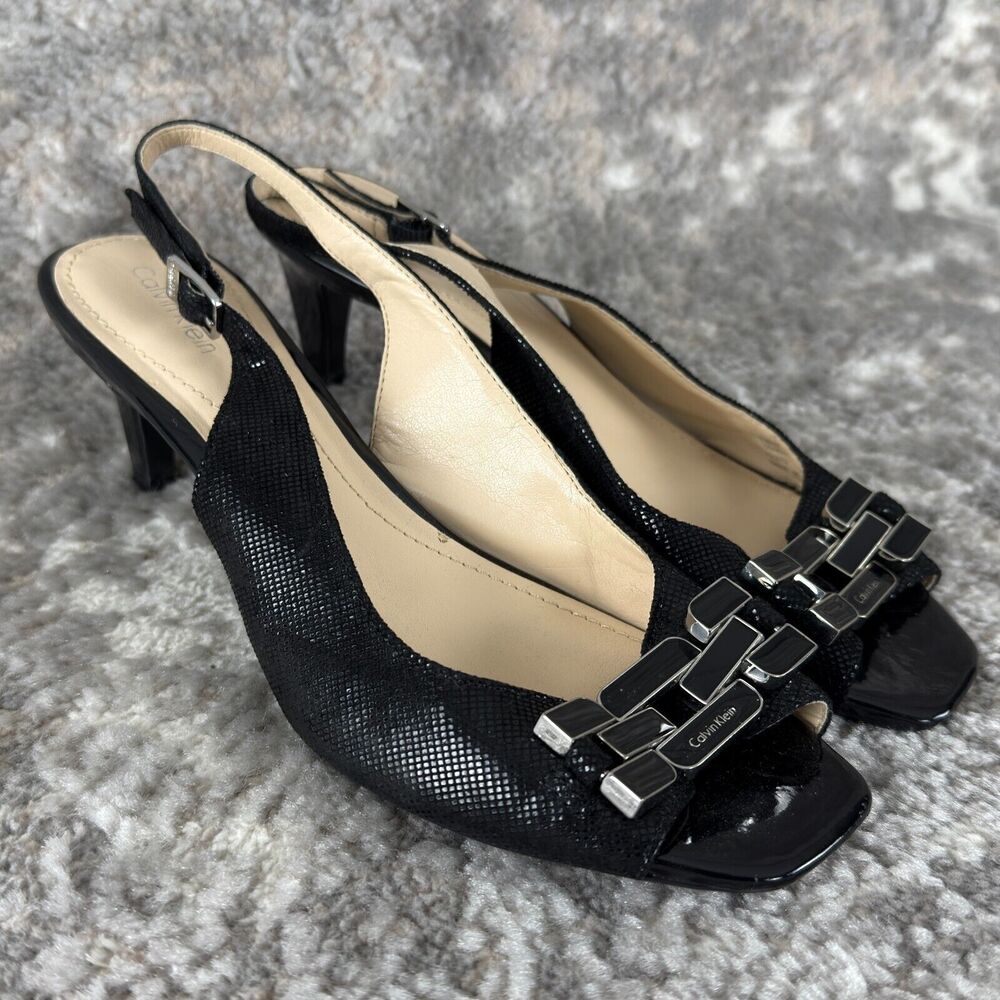 Calvin Klein Size 8.5 Black Peep‎ Toe Sling Back High Heels Shoes Textured